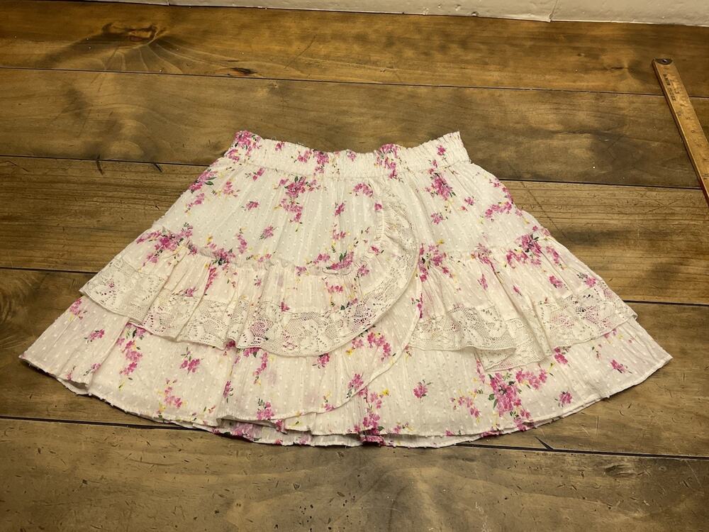 LoveShackFancy Floral Lace Dotted Ruffle Layered Pull On Mini Skirt Small